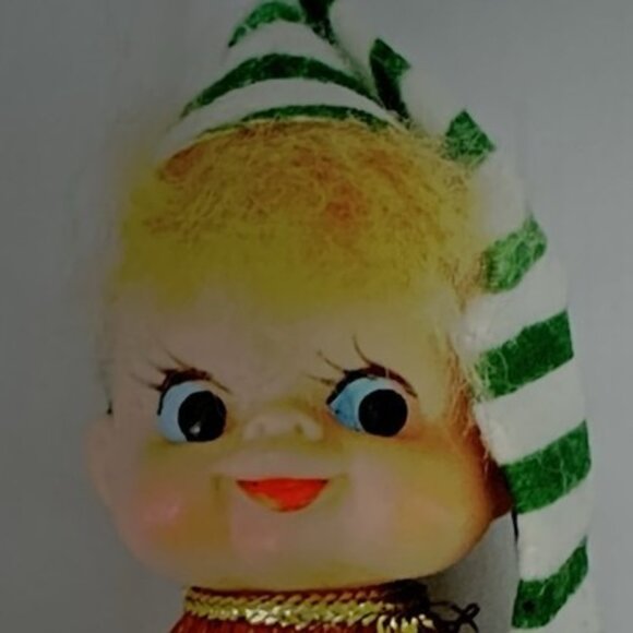 Vintage Rubber Face Pixie Elf Christmas Ornament Japan White Green 5" - Picture 3 of 5